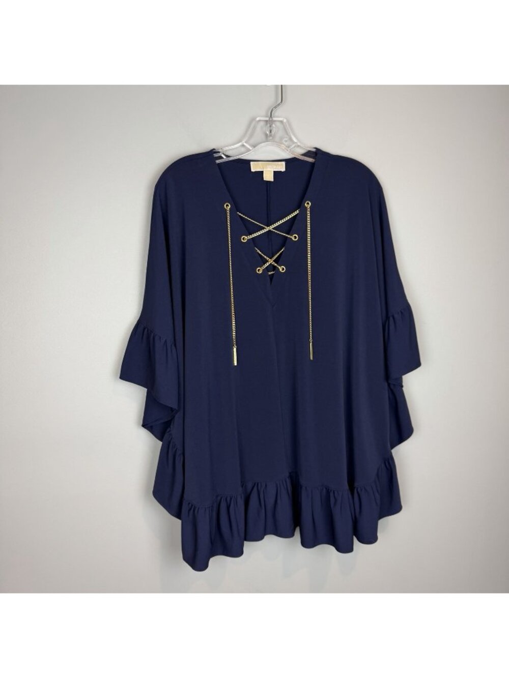 Michael Kors Navy Blue Poncho Top Women’s Size Large Gold Chain Lace Up Nautical